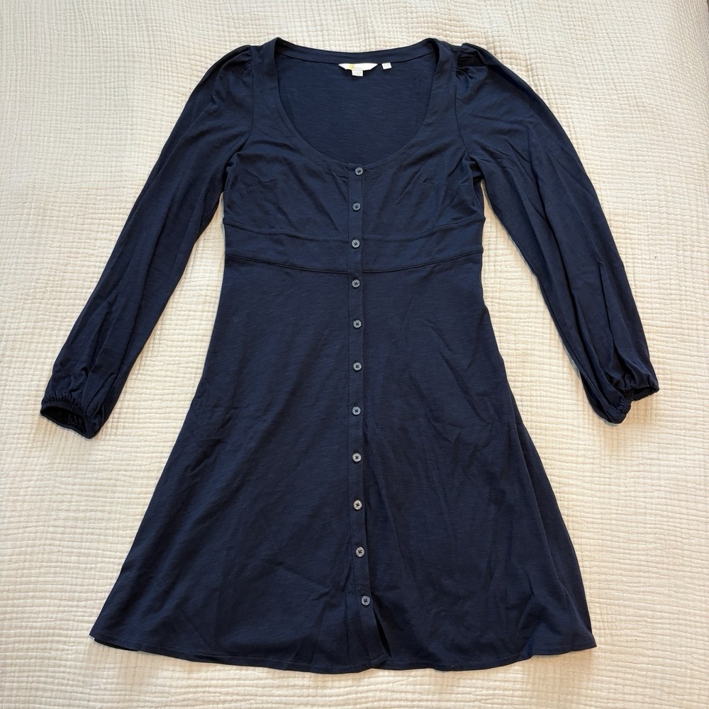 BODEN Jersey Navy Blue Midi Dress Women's 6R Button Front‎ Long Sleeve